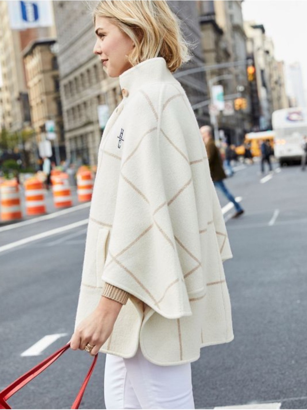 Mark & Graham Lambswool Cream & Tan Button Up Shawl Poncho Sweater size L/XL “M”